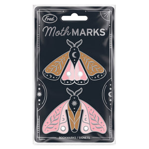 Set of 2 Packaged Moth MARKS steel bookmarks with moth designs on a black background.