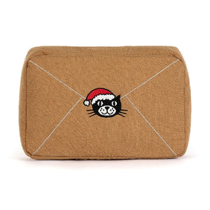 Back view of a Jellycat brown envelope shaped plush showing an image of a cat wearing a santa hat on a white background
