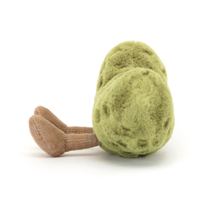 Side view of a Jellycat green pickle shaped plush toy on a white background