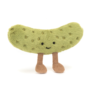 Front view of a Jellycat green pickle shaped plush toy with a smiling face on a white background