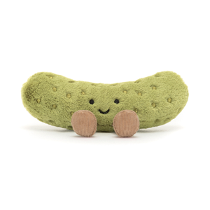Front view of a Jellycat green pickle shaped plush toy with a smiling face on a white background