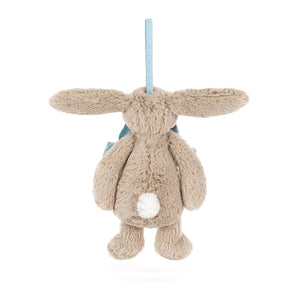 Back view of a Jellycat plush beige bunny ornament with a white tail on a white background