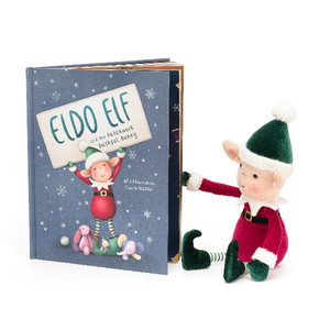Jellycat book featuring an illustration of an elf with a bunny, bear and elephant on the cover, titled 'Eldo Elf And The Patchwork Bashful Bunny', seated beside an elf plush toy.
