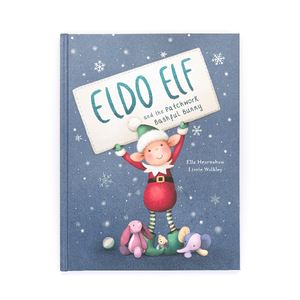 Jellycat book cover featuring an illustration of an elf with a bunny, bear and elephant, titled 'Eldo Elf And The Patchwork Bashful Bunny'.