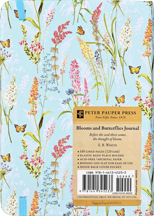 Back view of a small journal with a floral and butterfly pattern on a light blue background, featuring gold foil embellishments. 