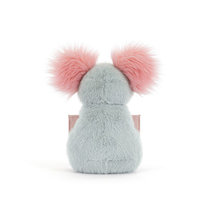 Back view of a Jellycat grey plush koala toy with pink ears on a white background
