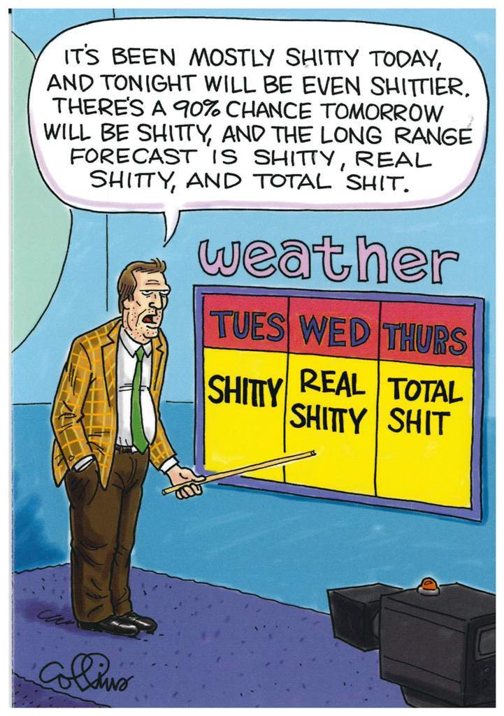 Greeting card featuring a humorous illustration of a man reading the weather forecast. He holds a stick and points it towards a board titled 'weather' that shows the forecast for each day of the week. The text 'It's been mostly shitty today, and tonight will be even shittier. There's a 90% chance tomorrow will be shitty, and the long range forecast is shitty, real shitty, and total shit' is printed in a speech bubble over the man.