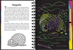 Open book showing text and illustrations of pangolins on one page and a multicoloured illustration  on the other.