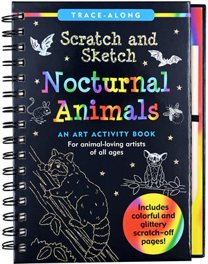 Cover of 'Scratch & Sketch Activity Book | Nocturnal Animals' featuring illustrations of nocturnal animals and text, with a black background and colorful accents.