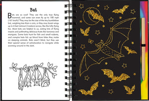 Open book showing text and illustrations of bats on one page and a gold illustration of on the other.