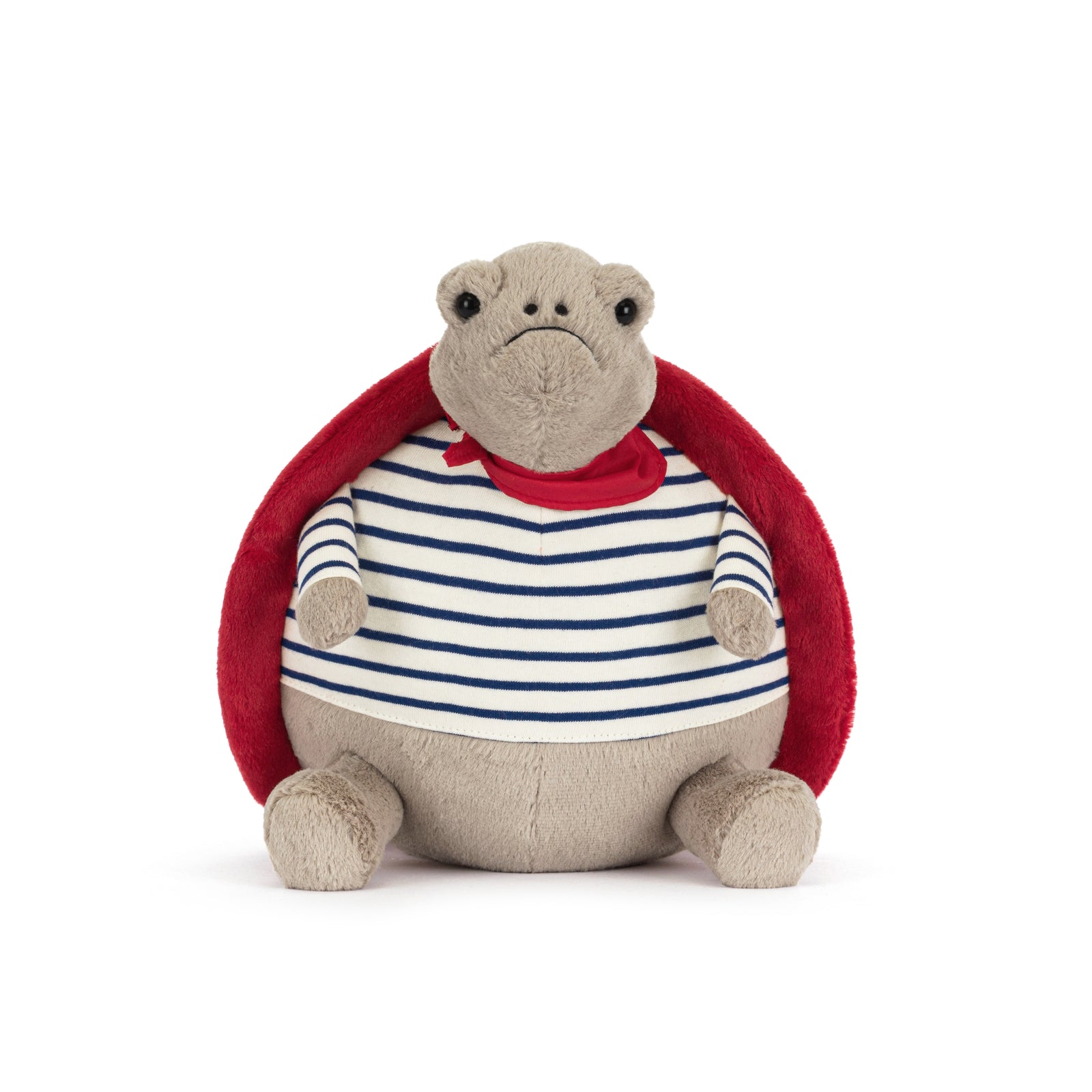 Front view of a beige Jellycat turtle plush with a frowning face wearing a blue and white striped shirt and a red shell on a white background