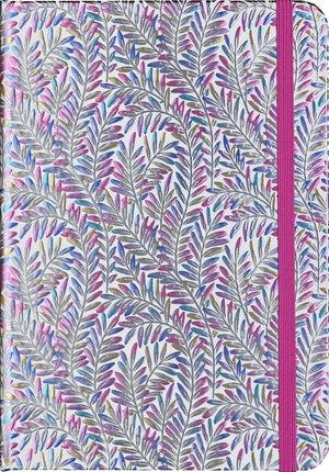 Hardback journal cover with a vibrant cover featuring a vine pattern in multiple colors and a pink elastic band.