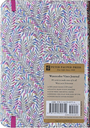 Back cover of a hardback notepad with a vine pattern and label showing branding. 