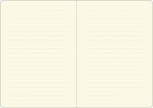 Open notepad showing white lined pages. 