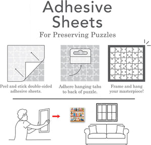 Instructions for using adhesive sheets to preserve and display puzzles.