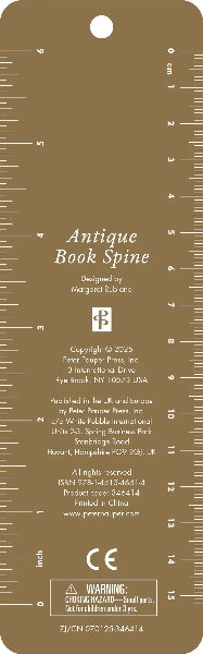 Back view of bookmark featuring a ruler with measurement markings and text on a brown background.