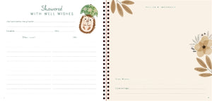 Notebook with lined pages on one side and floral design on the other, featuring a hedgehog illustration.