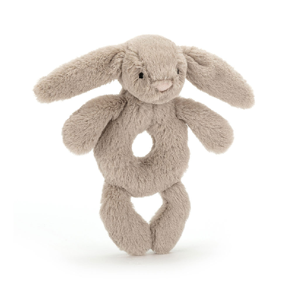 Jellycat soft beige bunny shaped rattle with a pink nose