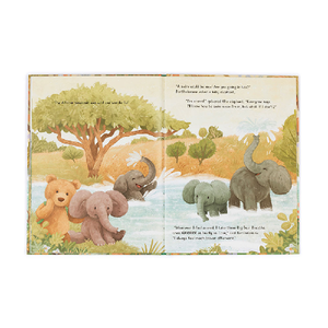 Jellycat open book featuring images of a brown bear and some elephants playing in the water