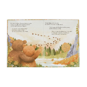 Jellycat open book featuring images of two brown bears watching birds fly over water