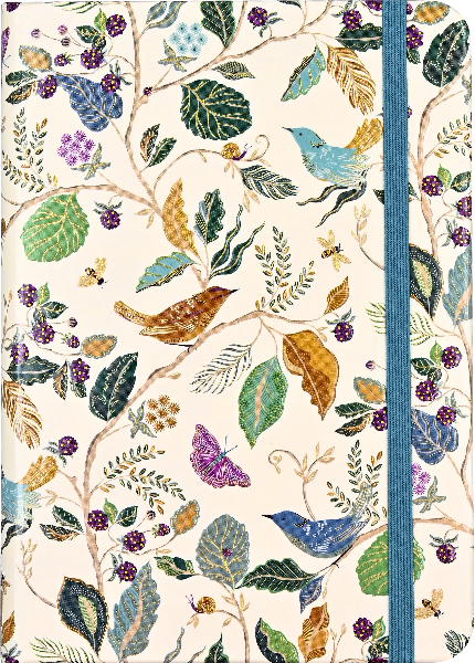 off-white journal with a military blue elastic. various branches, leaves, birds, and blackberries fill the cover. peter pauper product