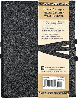 Black antique vegan leather wrap journal with label and branding details.