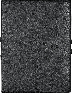 Black leather style notebook with black wrap around closure