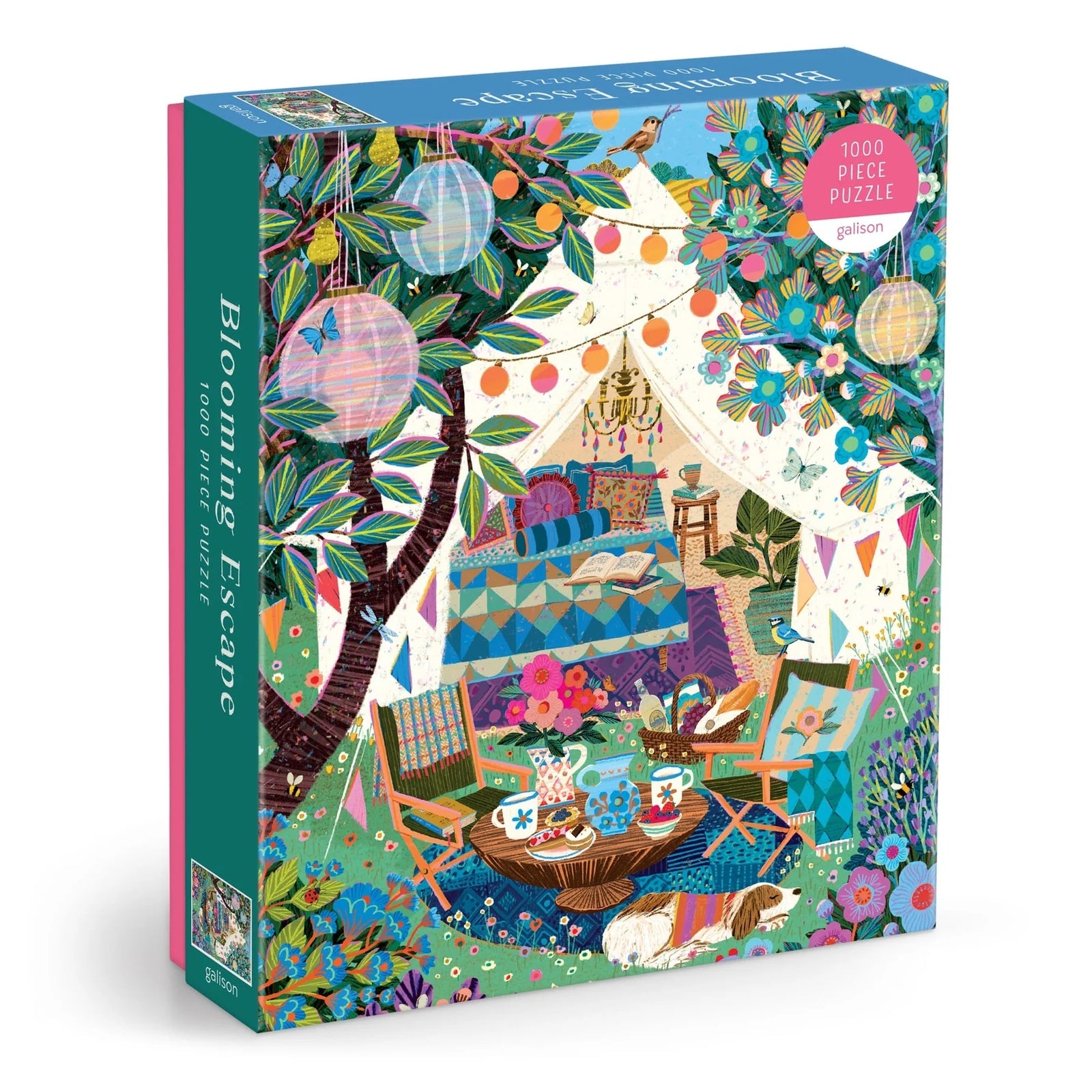 Colorful puzzle box with a glamping garden scene design on a white background.