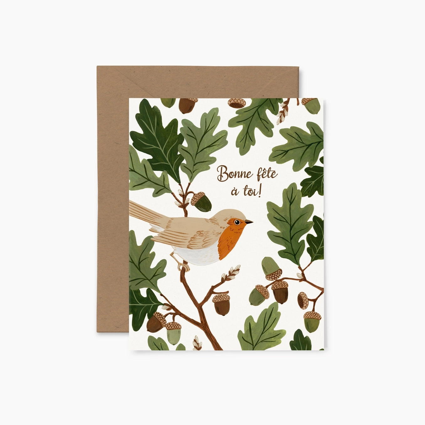 Greeting card featuring a robin and foliage design on a white background with the text 'Bonne fete a toi!' and a brown envelope.