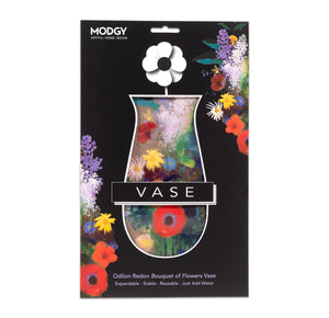 Packaged containing an expandable vase with a colourful floral design and Modgy branding on a black background.