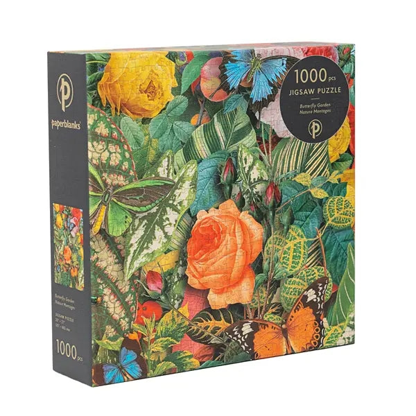 Jigsaw puzzle box with floral and butterfly design on a white background.