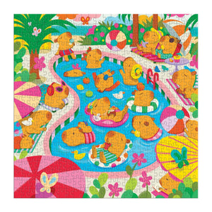 Finished Puzzle with an illustration of  a swimming pool filled with capybaras. On either side of the pool, more capybaras sunbathe under palm trees.