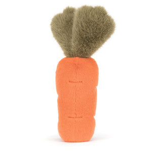 Back view of a Jellycat orange carrot shaped plush on a white background