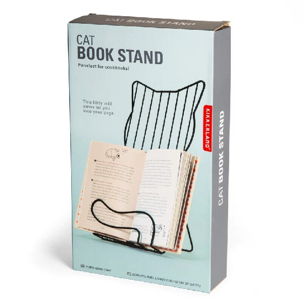 light blue box on a white background. one side shows the product inside; a large book stand in the vague shape of a cat. box includes text. kikkerland product