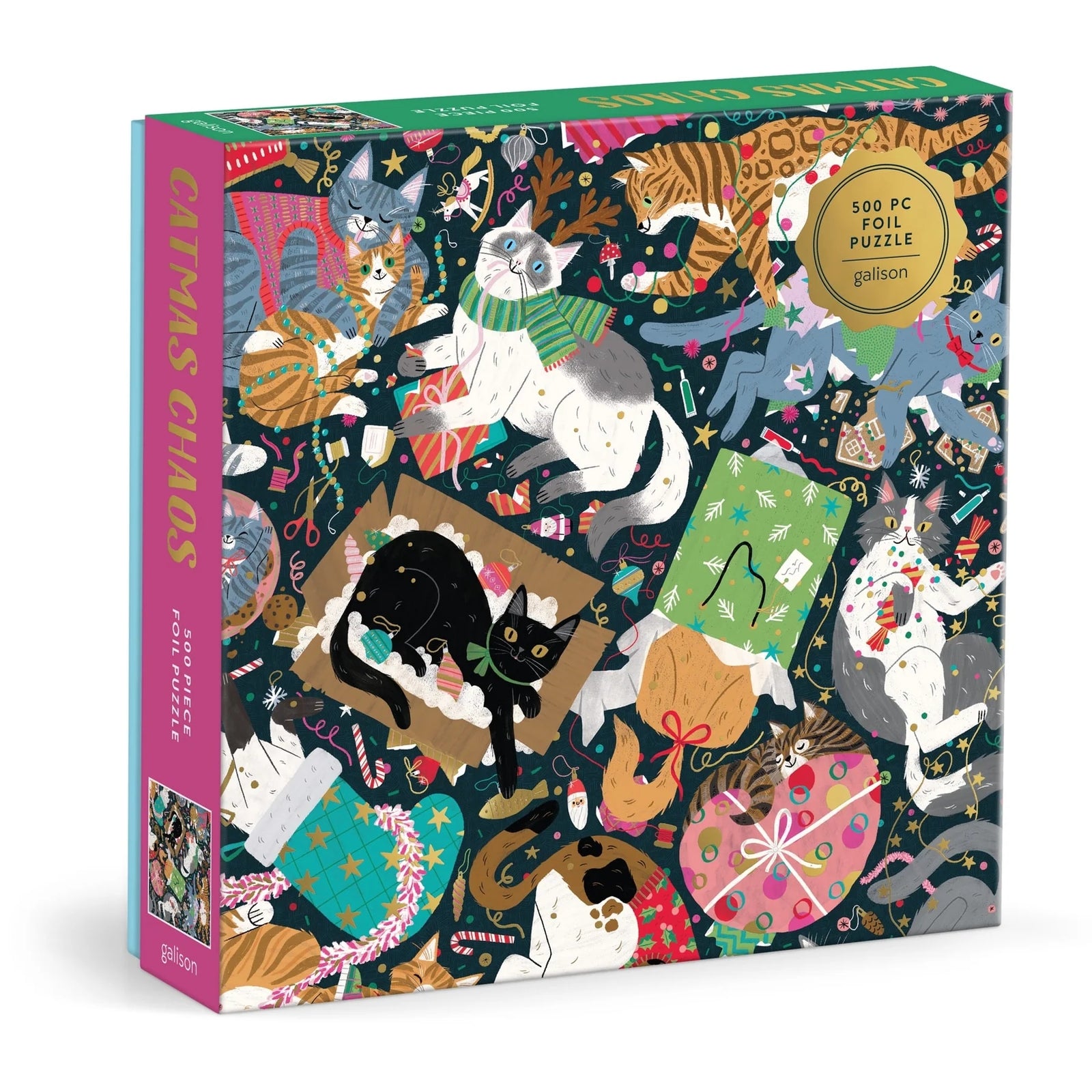 Galison 500 Piece Foil Holiday Puzzle | Catmas Chaos