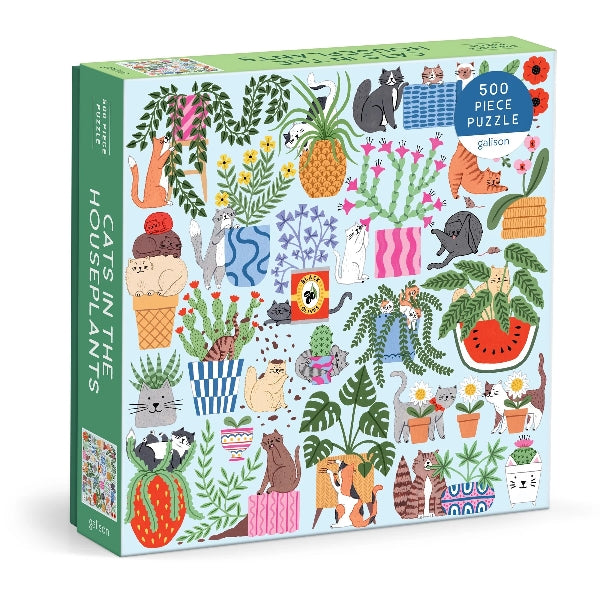 Jigsaw puzzle box with a colourful cats and plants design on a white background.