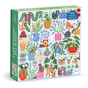Jigsaw puzzle box with a colourful cats and plants design on a white background.