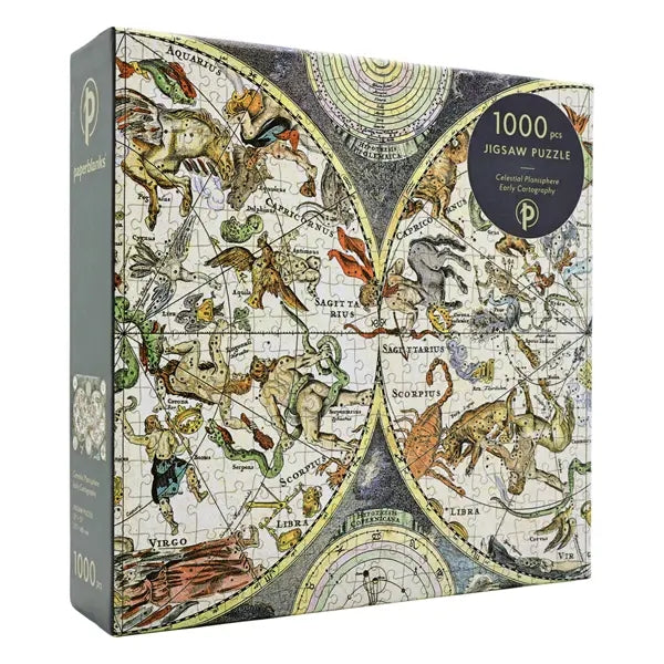Jigsaw puzzle box with a detailled zodiac illustration on a white background.