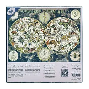 Back packaging of a puzzle box with  illustrated zodiac imagery and small text. 