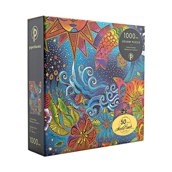A colorful jigsaw puzzle box featuring an artistic and vibrant design with celestial and floral themes.