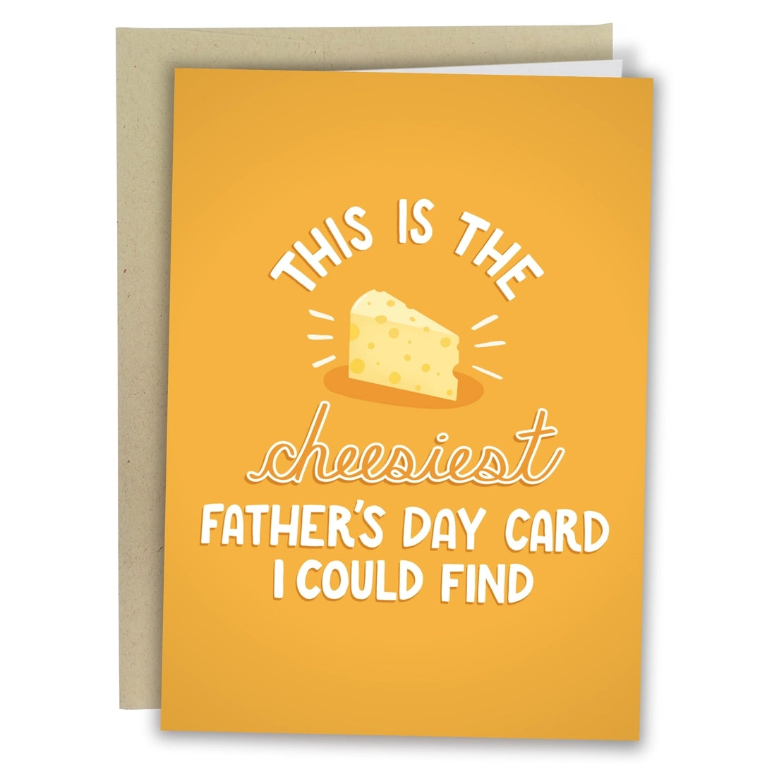 Greeting card featuring an illustration of a slice of cheese on a yellow background. The text 'This is the cheesiest Father's Day card I could find' is shown surrounding the cheese. 