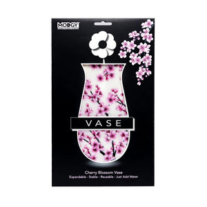 Cherry blossom expandable vase packaging with Modgy branding on a white background.