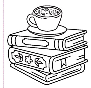 Black and white line drawing of a cup of coffee on books