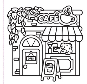 Black and white line drawing of a cafe with an open sign on the door and an image of a coffee cup on a white sign. Through the window a capybara is making coffee. 