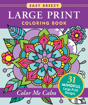 white activity book with purple banners by peter pauper press. main text read "large print coloring book color me calm". centre design is an example of a mandala getting coloured in