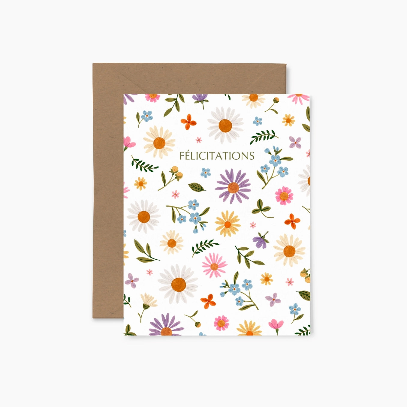 Greeting card featuring a colourful floral pattern on a white background with the text 'Felicitations' and a brown envelope.