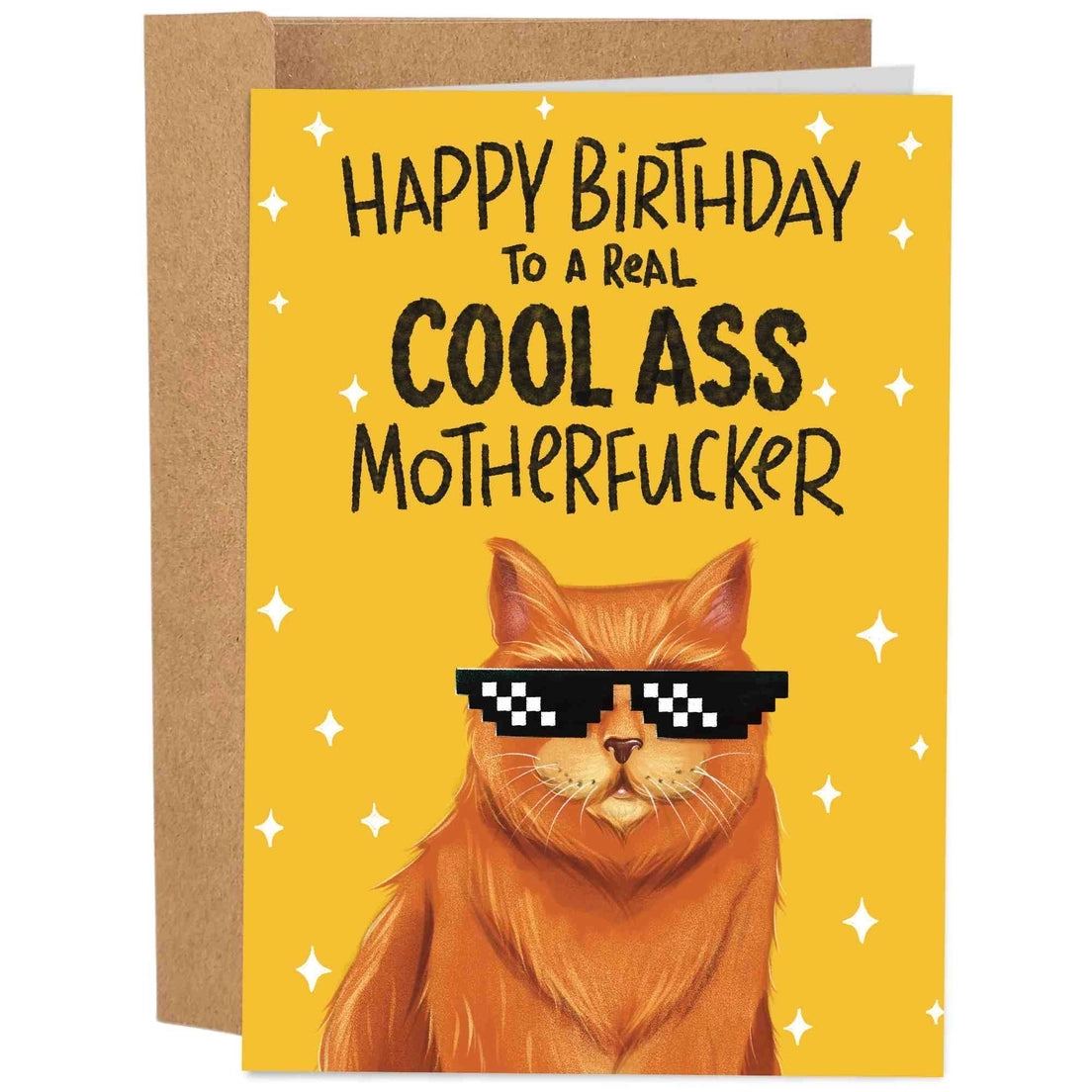 Greeting card featuring an illustration of a ginger cat wearing sunglasses and the text 'Happy Birthday to a real cool ass motherfucker' on a yellow background. 