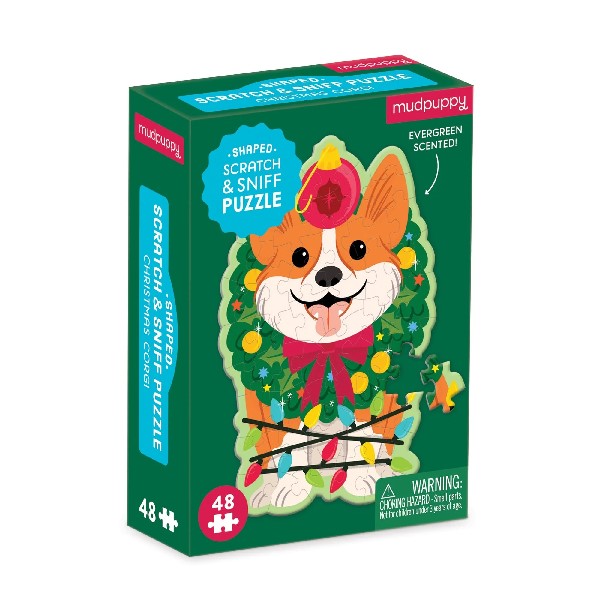green puzzle box picturing a festive corgi