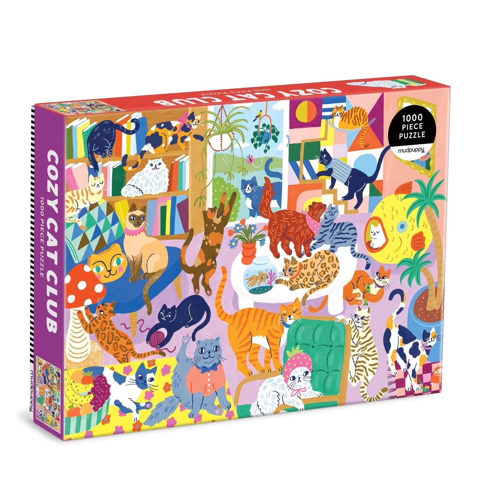 Puzzle box with colorful illustrations of cats in a living room setting in various positions. 