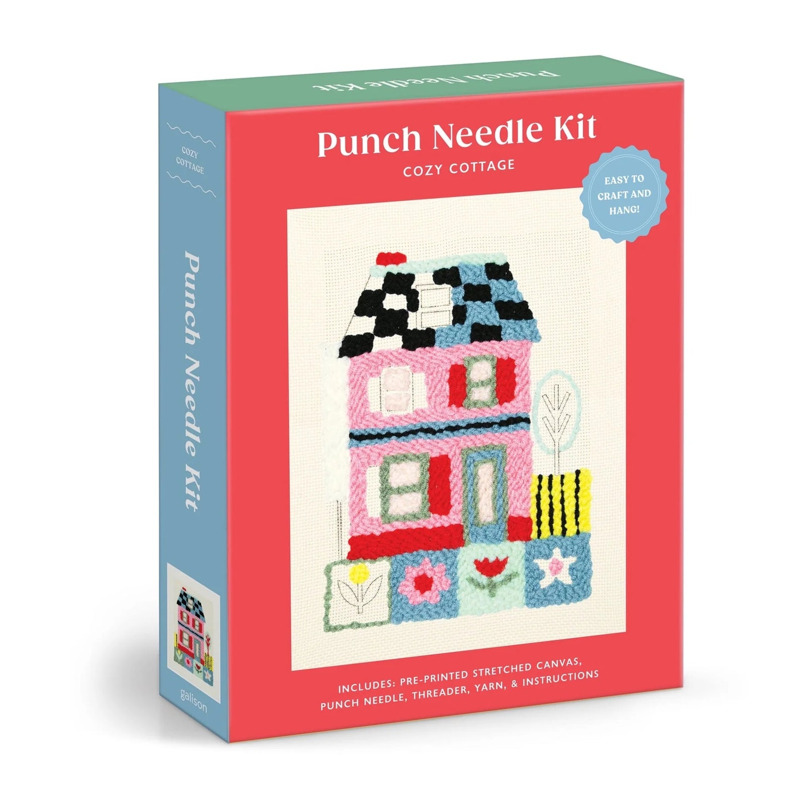 DIY kit box featuring an image of a punch needle design of a colourful house and garden. 